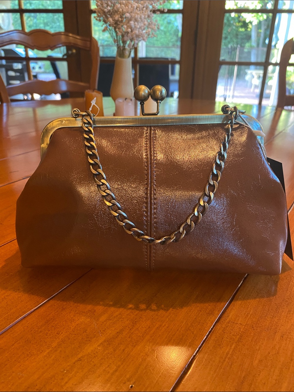 Brown Leather Kiss-Lock Frame Chain-Handle Clutch